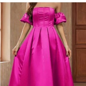 Hot Pink Off-the-Shoulder Satin Dress